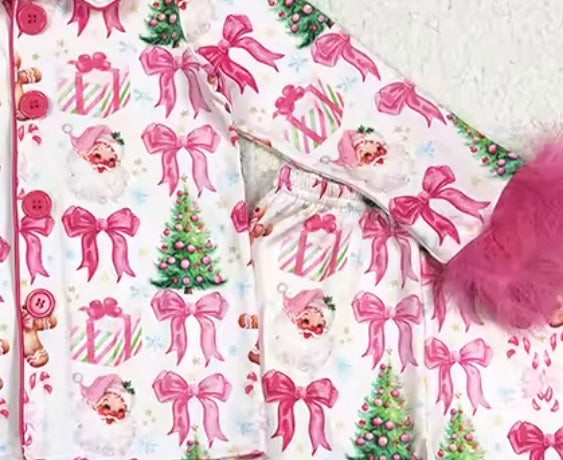 Holiday Pajama Pre-Sale (Pink Santa, Bow, Gingerbread & Tree Faux Fur Trim)