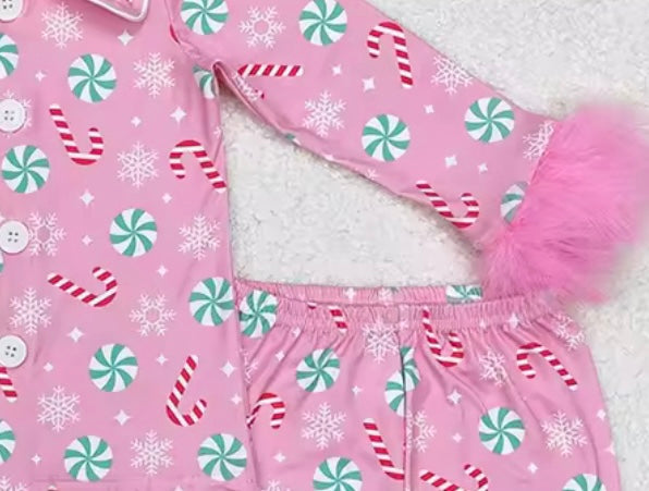 Holiday Pajama Pre-Sale (Pink Candy Cane & Sweets Faux Fur Trim)