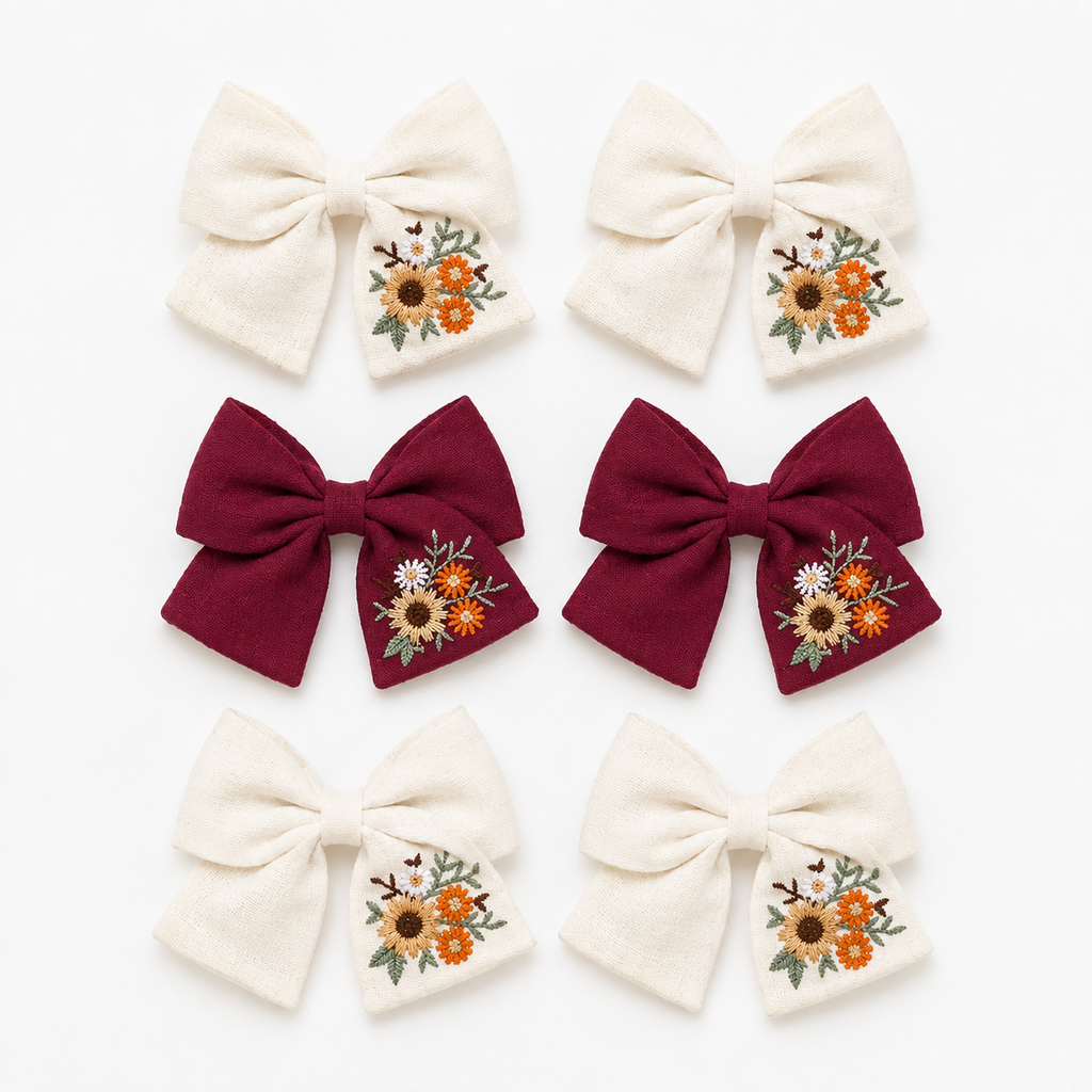 LRW Autumn & Holiday Accessory Edit (ivory & burgundy floral bows- one pair)
