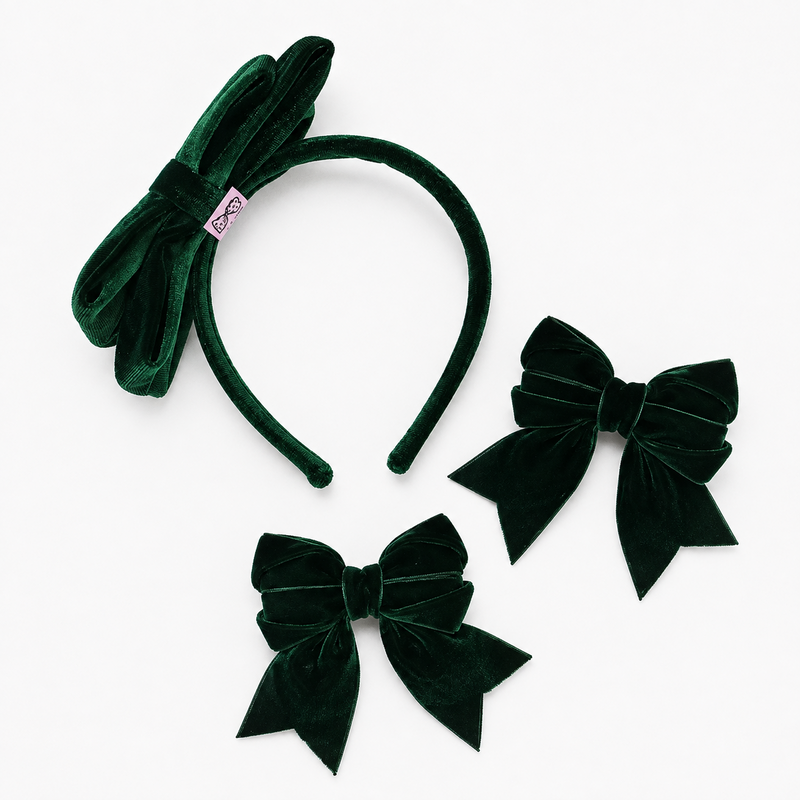 LRW Autumn & Holiday Accessory Edit (Green Velvet Headband and pair of bows Set)