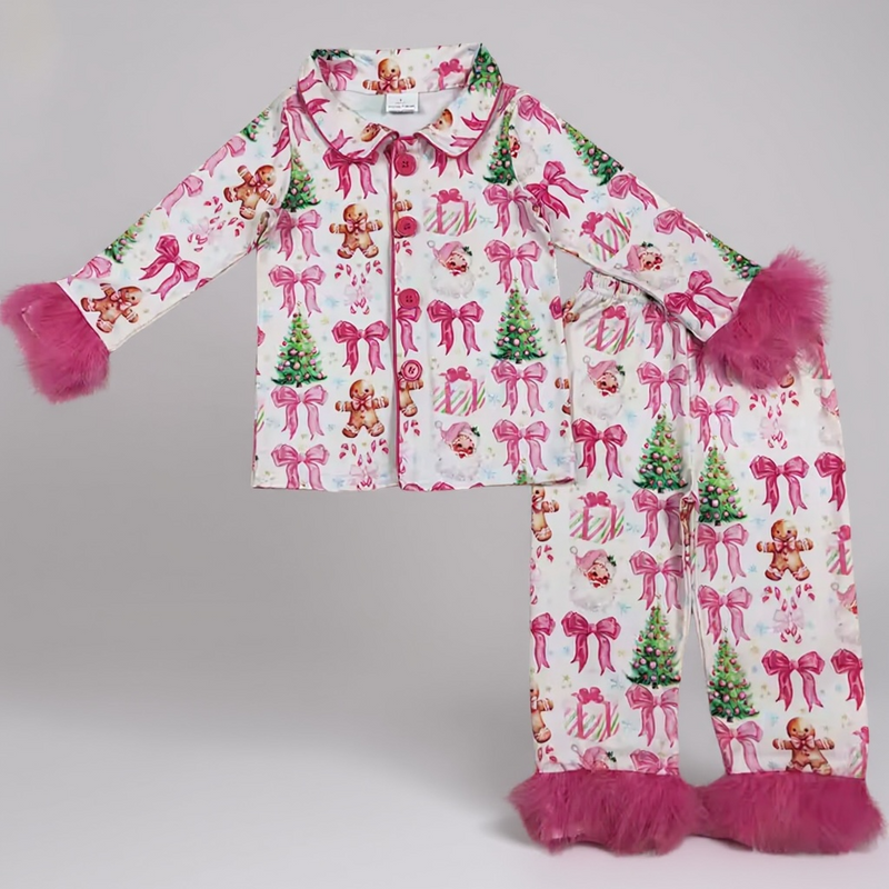 Holiday Pajama Pre-Sale (Pink Santa, Bow, Gingerbread & Tree Faux Fur Trim)