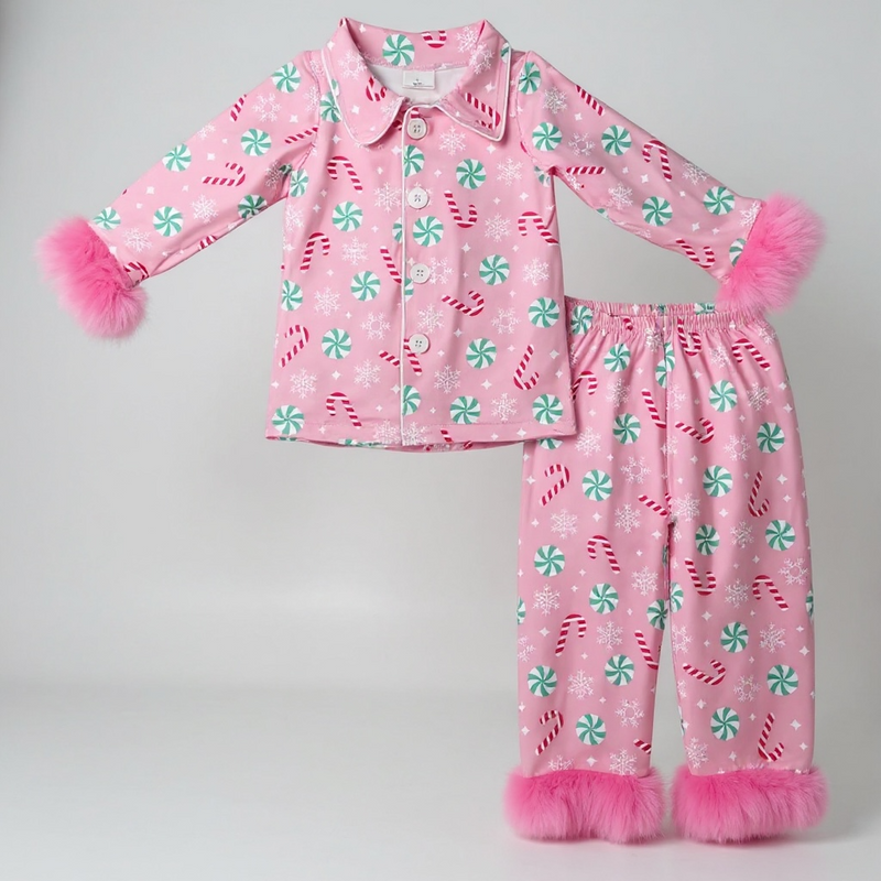 Holiday Pajama Pre-Sale (Pink Candy Cane & Sweets Faux Fur Trim)