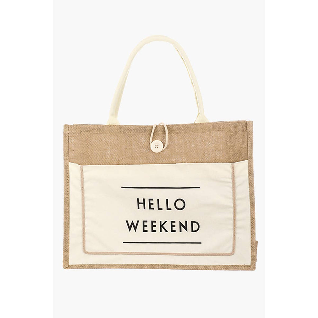 Hello Weekend Burlap Tote Bag (winter white)