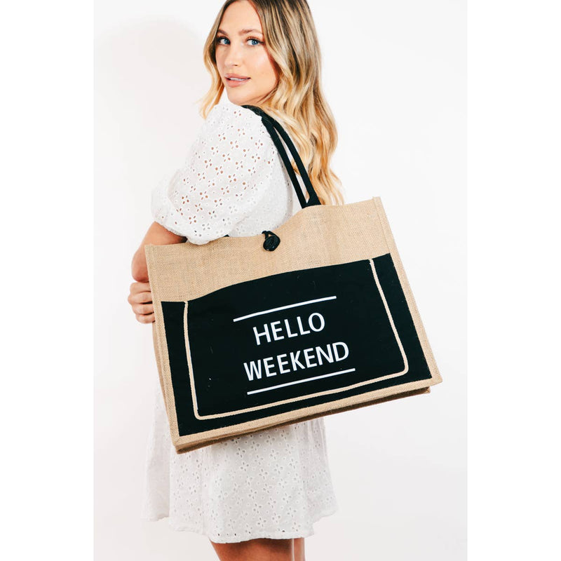Hello Weekend Burlap Tote Bag (winter white)