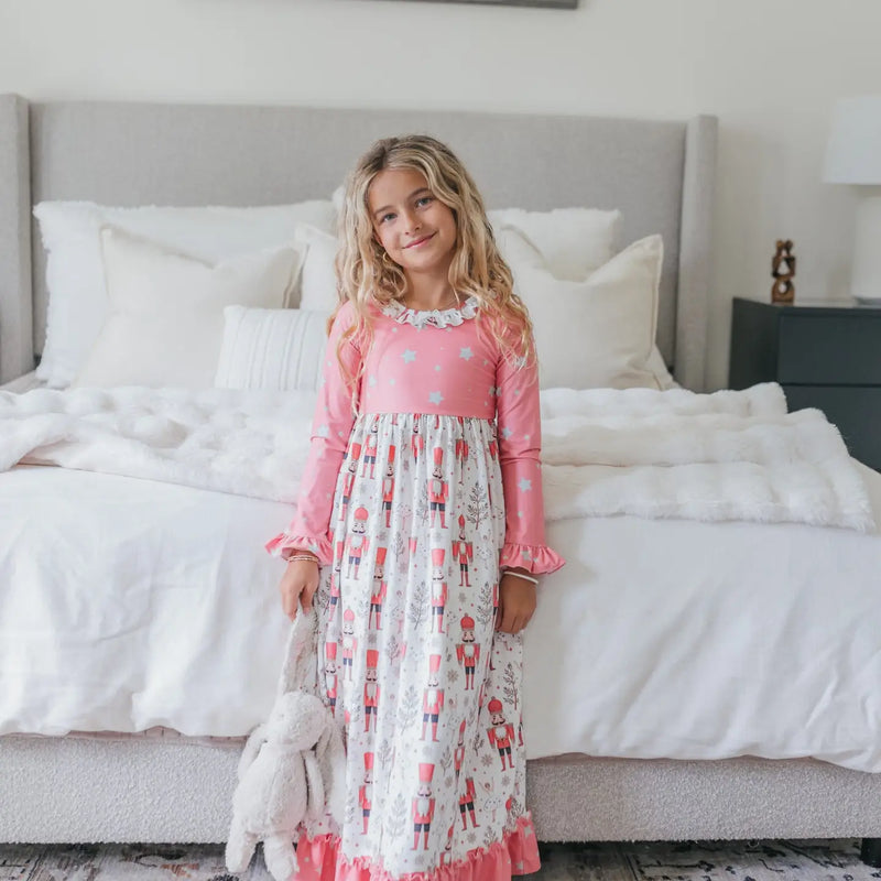 Christmas in July Presale Loungewear Release (coral floor length Nutcracker & sugar plum fairy)
