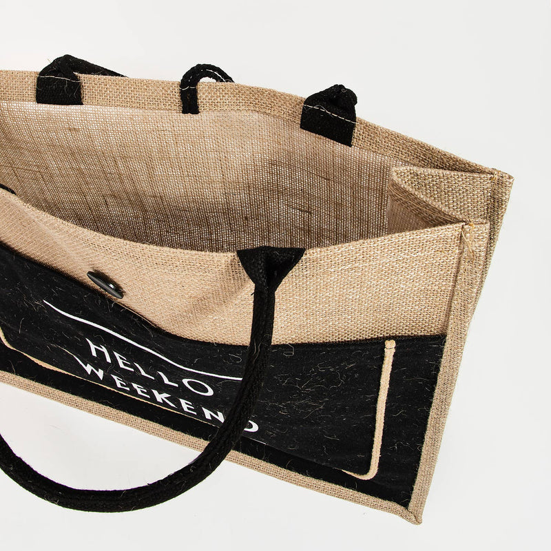 Hello Weekend Burlap Tote Bag (winter white)