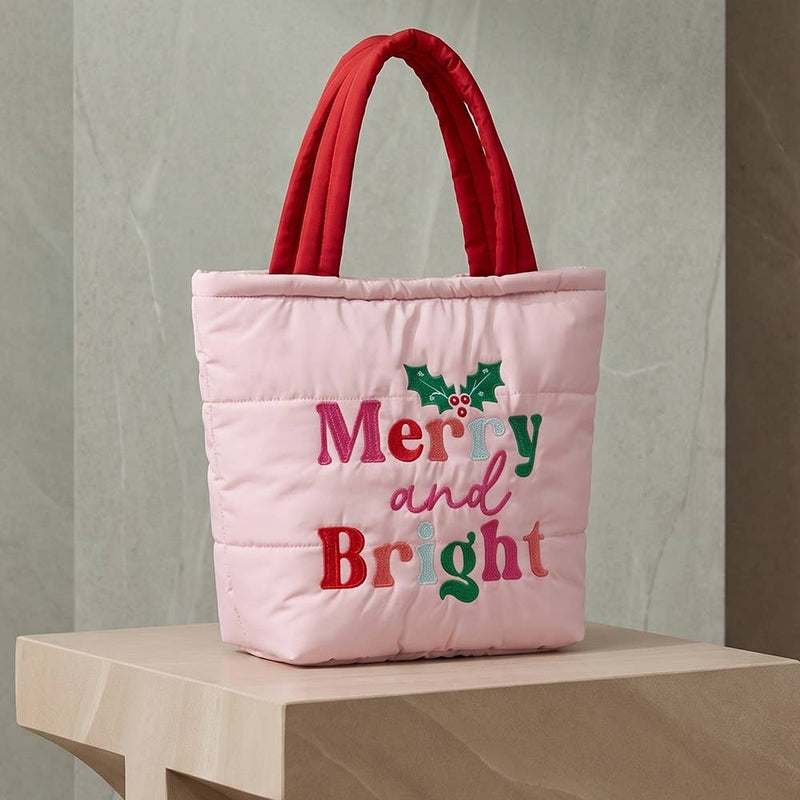 Merry And Bright Embroidered Puffer Tote Bag
