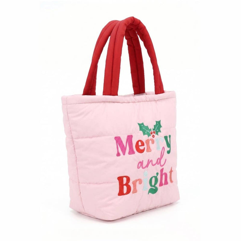 Merry And Bright Embroidered Puffer Tote Bag