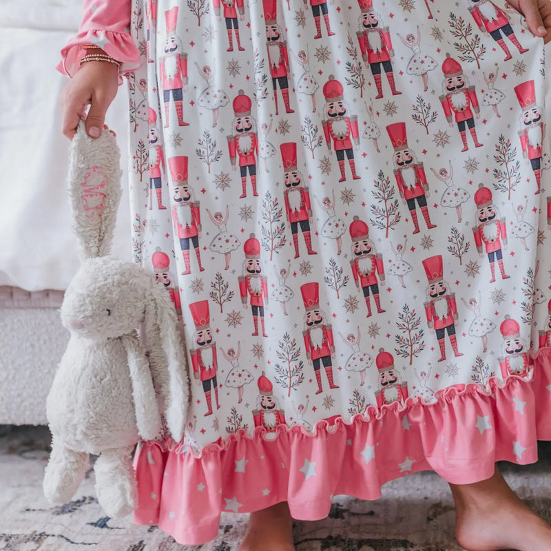 Christmas in July Presale Loungewear Release (coral floor length Nutcracker & sugar plum fairy)