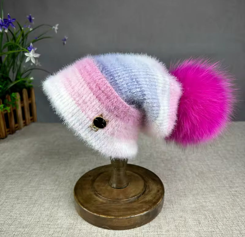 Sleigh Ride Supremely Soft Pom Hat (stripes/hot pink pom)