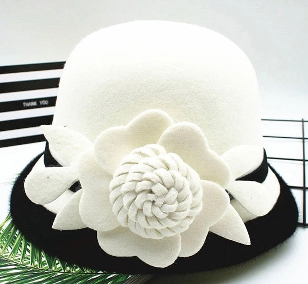 Cloche Call Hat (white flower with black trim)