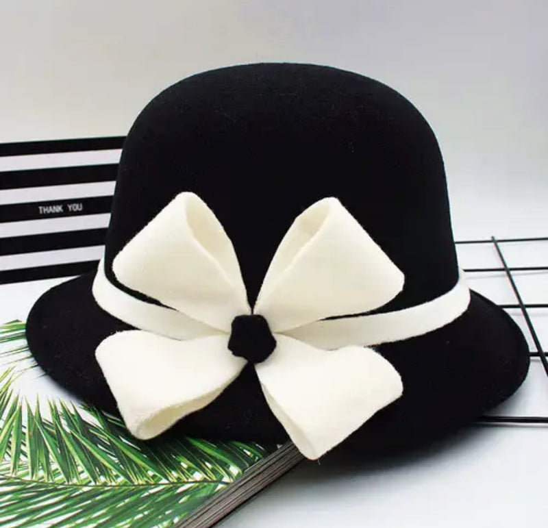 Cloche Call Hat (white flower with black trim)
