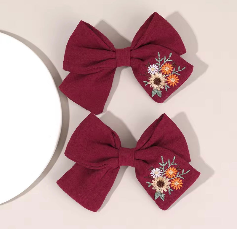 LRW Autumn & Holiday Accessory Edit (ivory & burgundy floral bows- one pair)