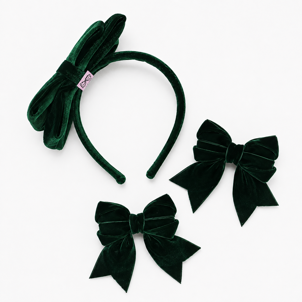 LRW Autumn & Holiday Accessory Edit (Green Velvet Headband and pair of bows Set)