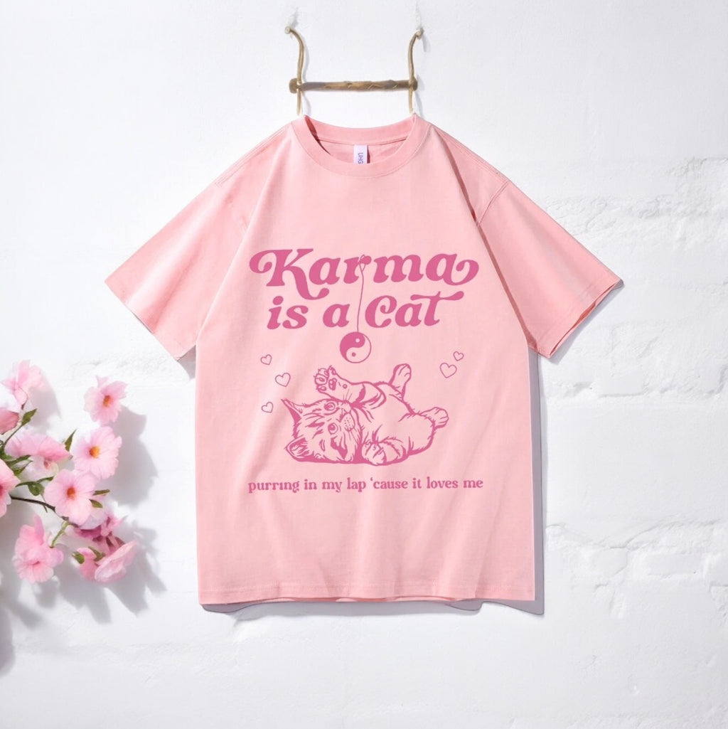 Karma is a Cat Tee (Teen/Adult-pink)