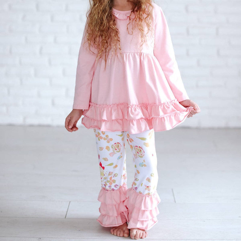 Kids Pink Floral Long Sleeve Ruffle Top & Bottom Set