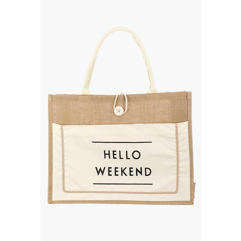 Hello Weekend Burlap Tote Bag (winter white)