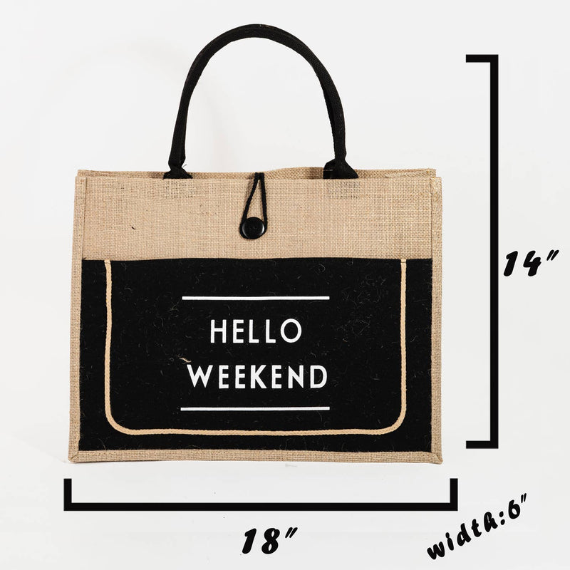 Hello Weekend Burlap Tote Bag (winter white)