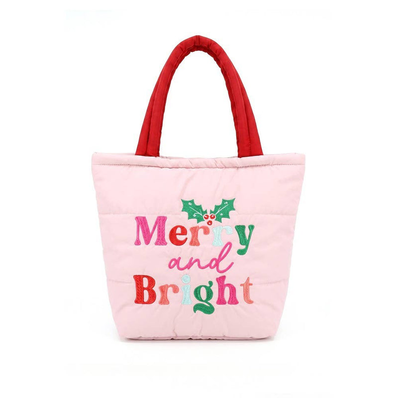 Merry And Bright Embroidered Puffer Tote Bag